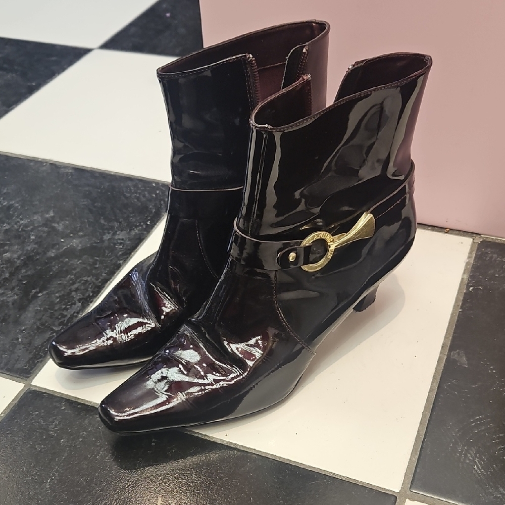 Anne Klein Burgundy/Brown Patent Leather Ankle Boots